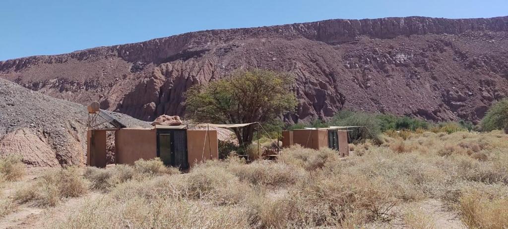 聖佩德羅·德·阿塔卡馬的住宿－Qhapaq Ñam Catarpe，沙漠中的一座建筑,背景是山