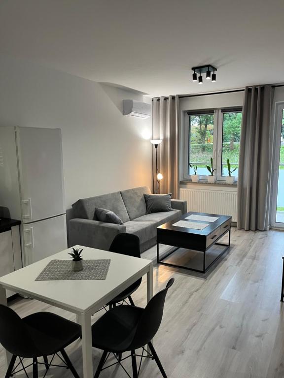 ein Wohnzimmer mit einem Sofa, einem Tisch und Stühlen in der Unterkunft PK Premium Apartments 2 in Bolesławiec