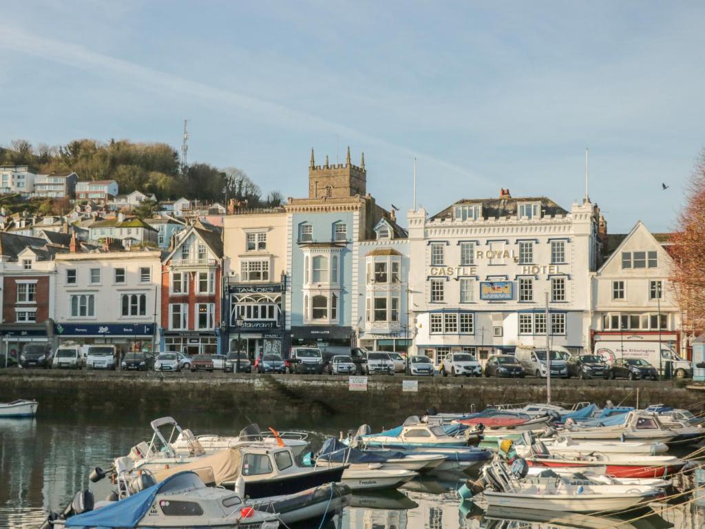 a group of boats docked in a harbor with buildings at Quayside in Dartmouth