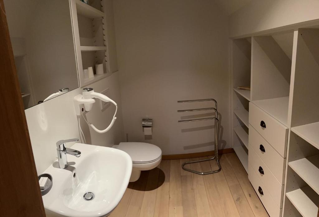 a bathroom with a white sink and a toilet at B&amp;B - Ter Douve in Dranouter