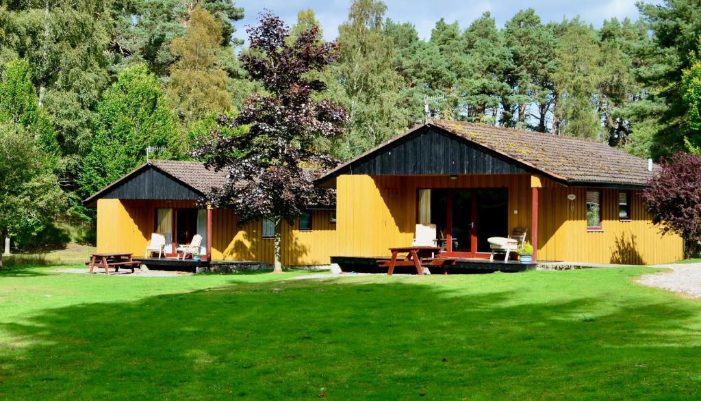 a yellow building with tables and chairs in a yard at Reuben's Highland Retreat - Speyside in Carrbridge