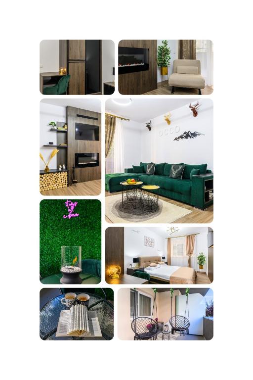 a collage of photos of a living room at OCCO by the Mountains in Braşov