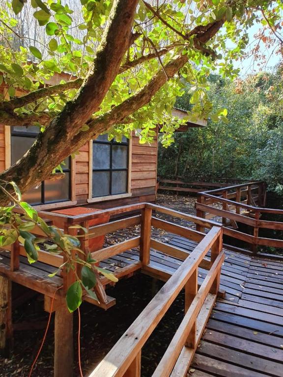 a wooden deck in front of a cabin with a tree at Chiloe Domos Curaco de Vélez in Curaco de Velez