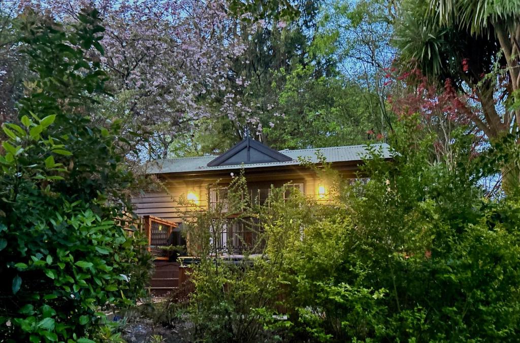 丹德农山Romantic Retreat with Spa and Private Gardens的森林中灯火通明的房子