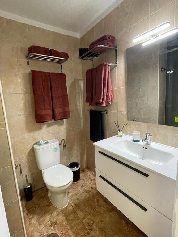 bagno con servizi igienici, lavandino e specchio di Altemar, two bedrooms las americas ad Arona
