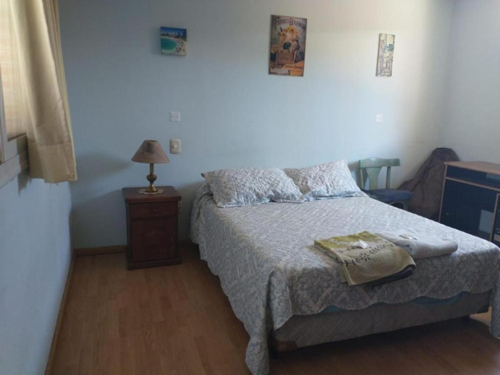 ein Schlafzimmer mit einem Bett und einem Tisch mit einer Lampe in der Unterkunft Lejos de Casa II 