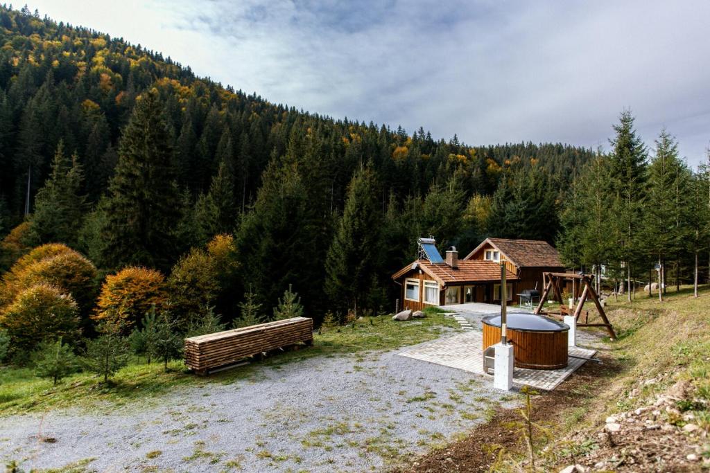 uma casa no meio de um campo com árvores em Fantázia Kulcsosház em Ciumani