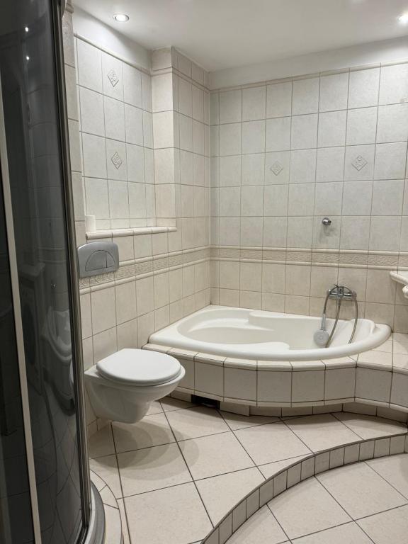 a bathroom with a bath tub and a toilet at Agroturystyka Działoszyce in Działoszyce