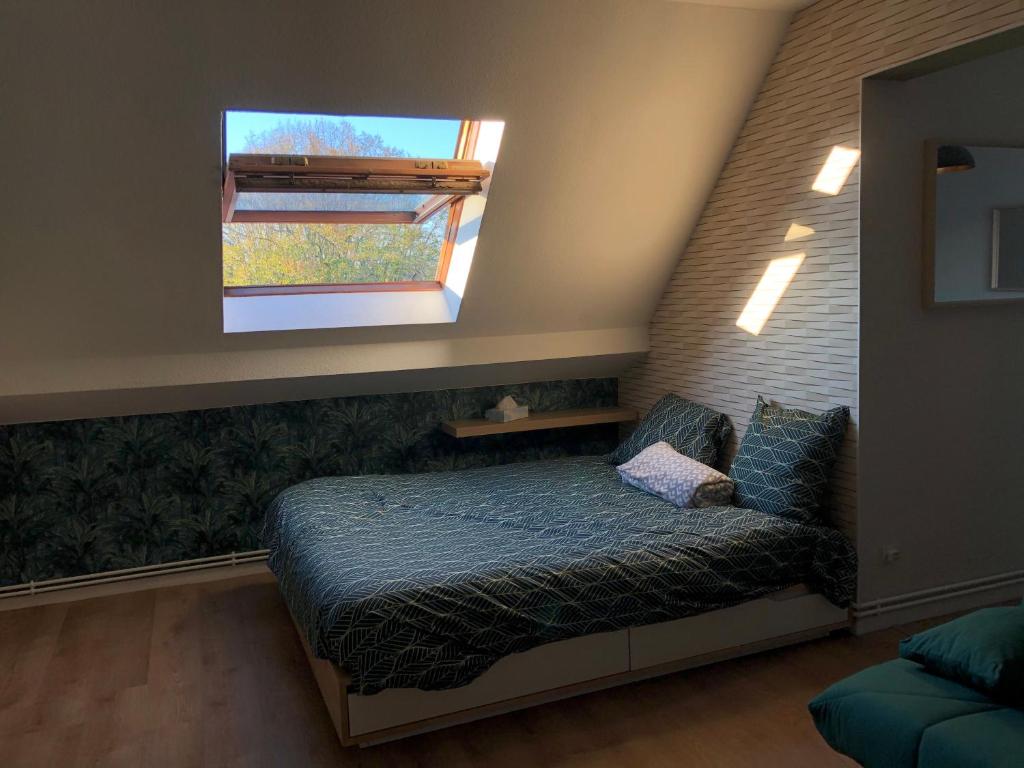 - une chambre avec un lit et une petite fenêtre dans l'établissement Amazone - Appart Au Top !, à Metz