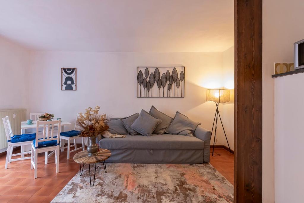 IHost Flat - Valmalenco Centro في كييزا دي فالمالينكو: غرفة معيشة مع أريكة وطاولة