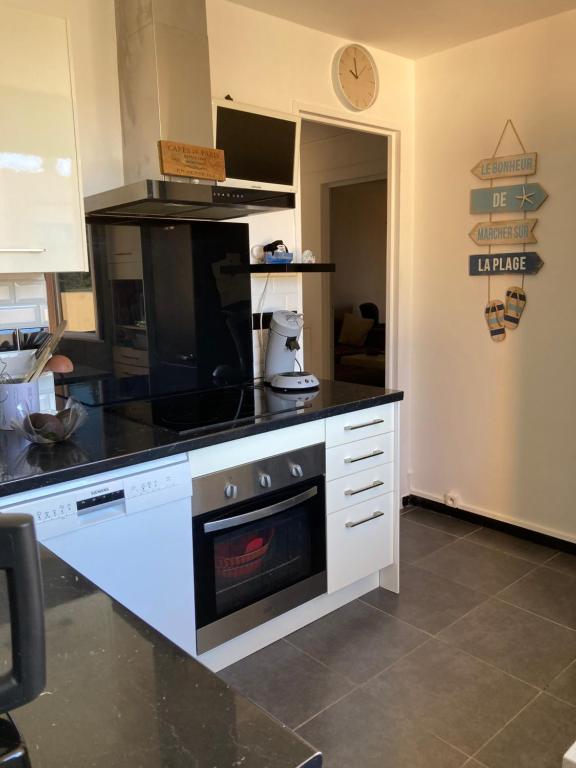 eine Küche mit einer Theke und einem Herd Top-Backofen in der Unterkunft Appartement vue mer accès plage in Antibes