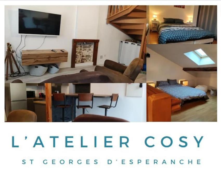 een collage van foto's van een woonkamer en een slaapkamer bij L'Atelier Cosy - Maison de village Atypique in Saint-Georges-dʼEspéranche