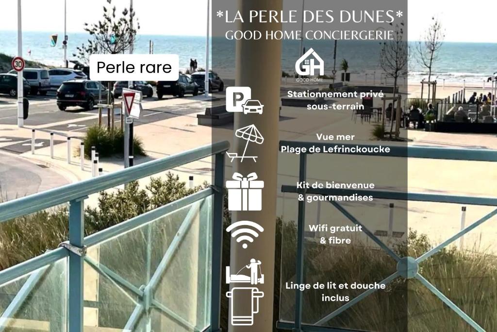 - un panneau à la plage avec des descriptions des attractions dans l'établissement La Perle des Dunes - Vue imprenable Mer & Dunes, à Leffrinckoucke