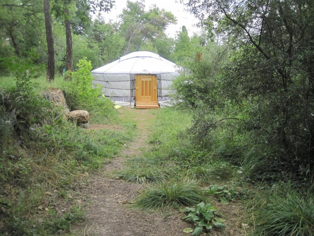 une yourte avec une porte jaune dans une forêt dans l'établissement Le Mas Nomade, à Callian