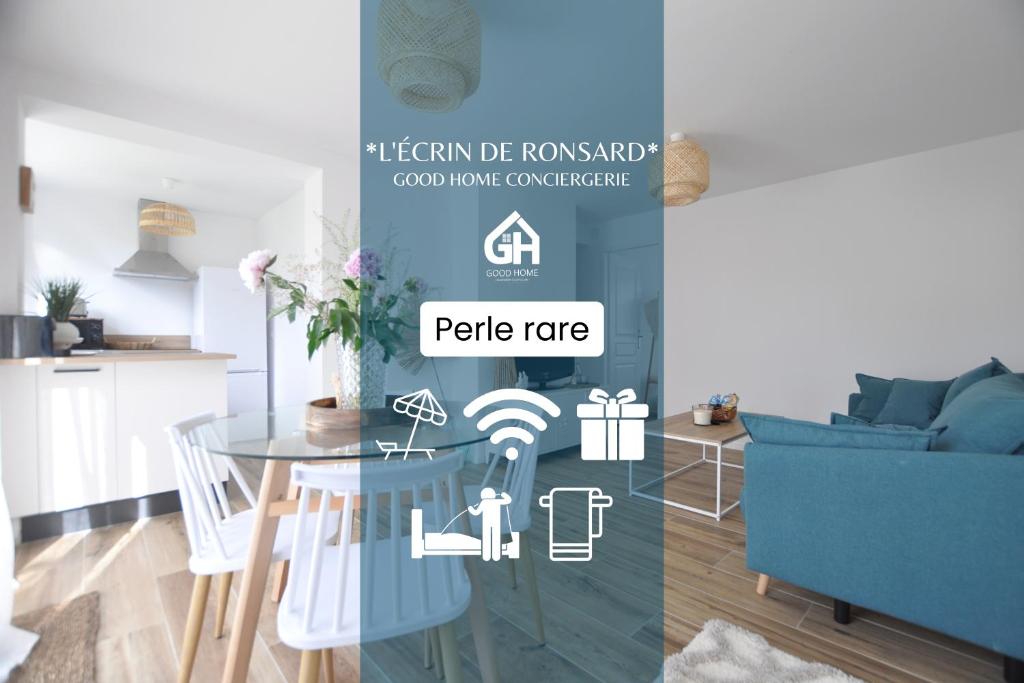 un rendu d'un salon avec une table et des chaises dans l'établissement *L'écrin de Ronsard*Plage & Centre-Ville, à Dunkerque