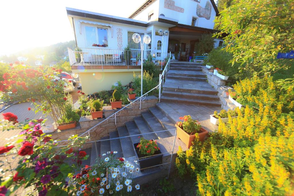 una casa con un montón de macetas en las escaleras en Ferienwohnung Dorothea, en Lenzkirch