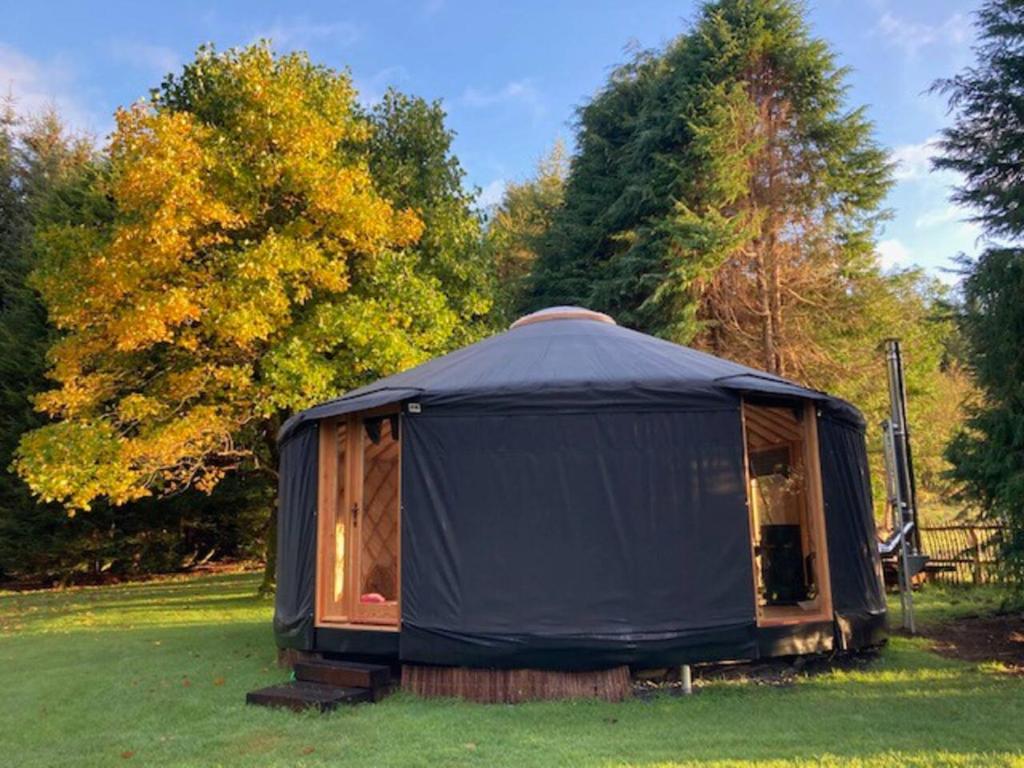 a black tent in the grass in a field at Aughavannagh Yurt Glamping in Aughrim