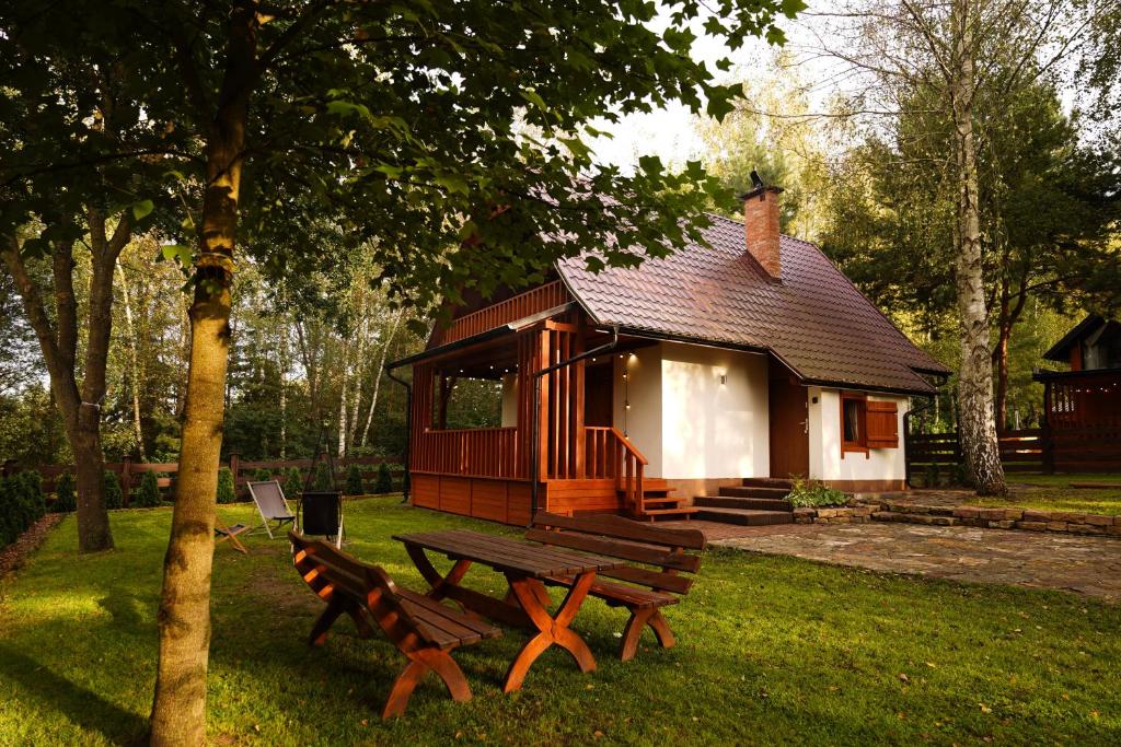 a small cabin with a picnic table in front of it at Stacja Alpaka Duży Domek nad Zalewem Chańcza in Raków
