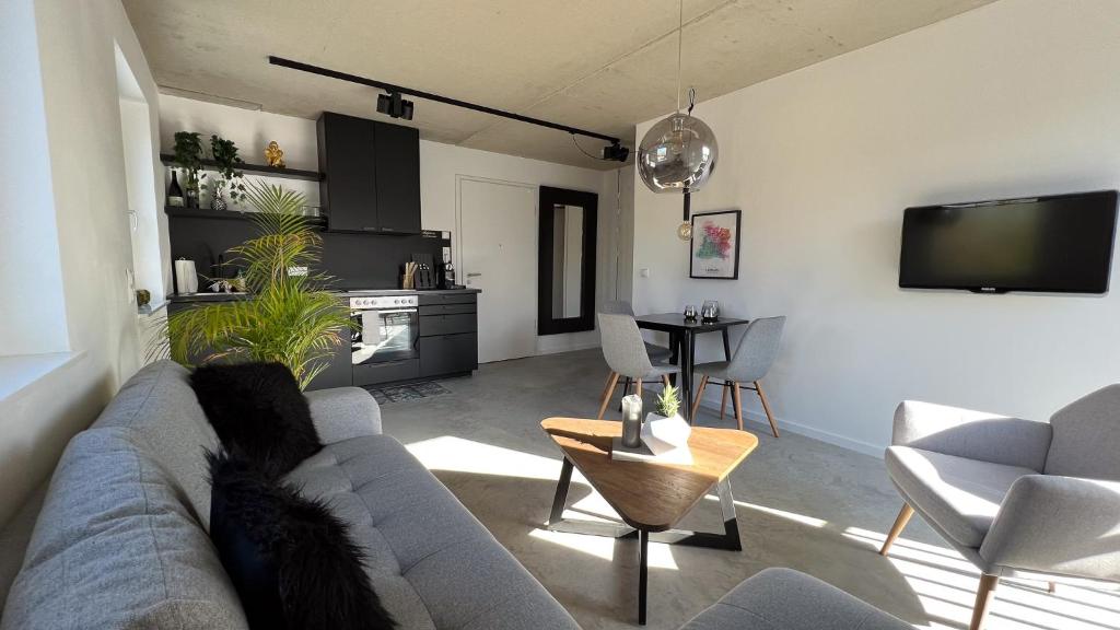 sala de estar con sofá, sillas y TV en M Apartment Loft - stylish minimalisitisch außergewöhnlich en Landau in der Pfalz