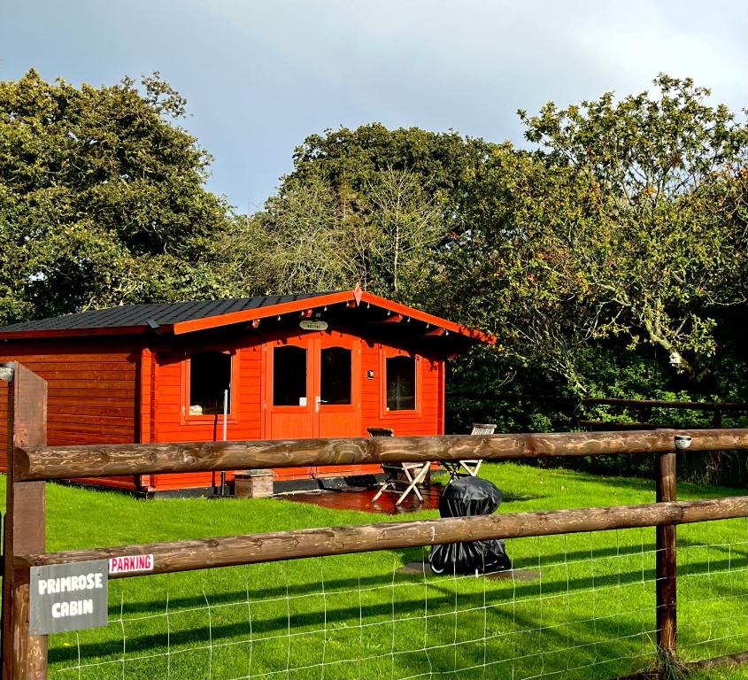 an orange cabin with a fence in front of it at Primrose Cabin in Dorchester