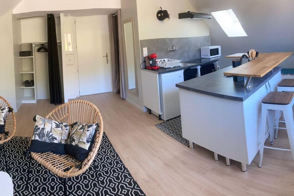 eine Küche und ein Wohnzimmer mit einer Theke und Stühlen in der Unterkunft Studio- un cocon sous les toits- in Marvejols