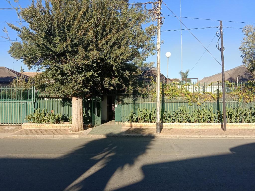 Ein Schatten eines Baumes vor einem Zaun in der Unterkunft Executive Guest House Randfontein in Randfontein