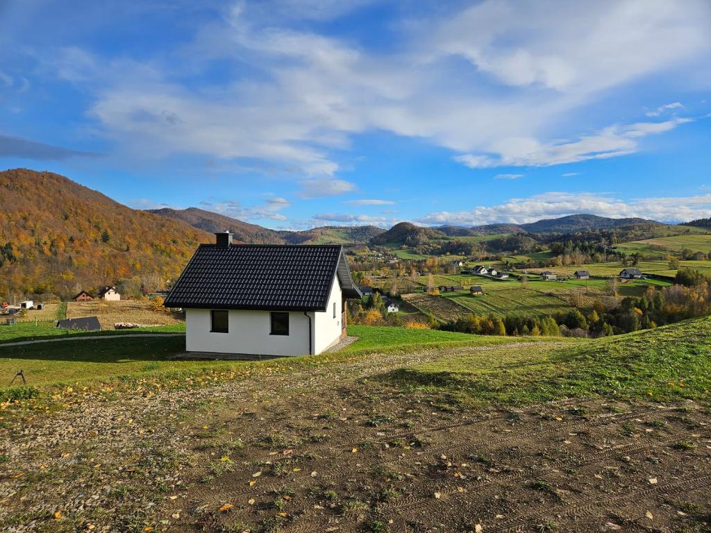 una piccola casa bianca su una collina in un campo di Chata na Biłaszu a Bukowiec