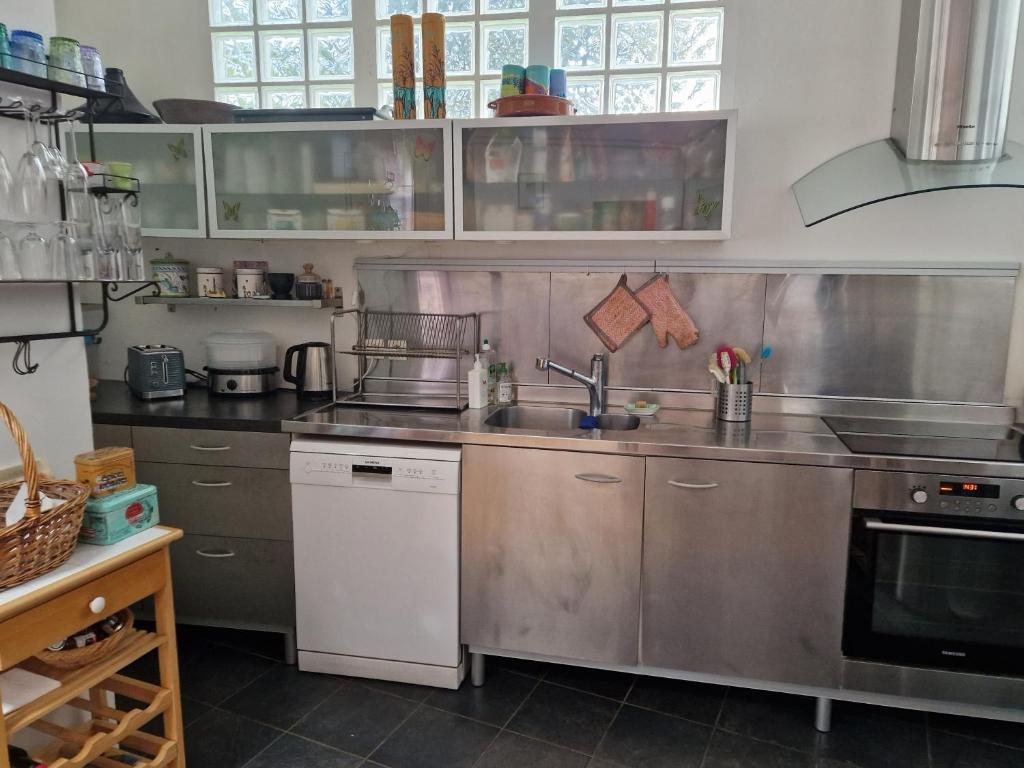 a kitchen with stainless steel counters and a sink at Loft en duplex 270 m2 &amp; Jardin patio terrasse sauna in Chaville