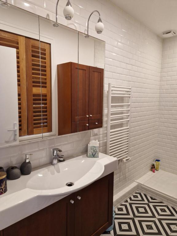 a bathroom with a sink and a mirror at Loft en duplex 270 m2 &amp; Jardin patio terrasse sauna in Chaville