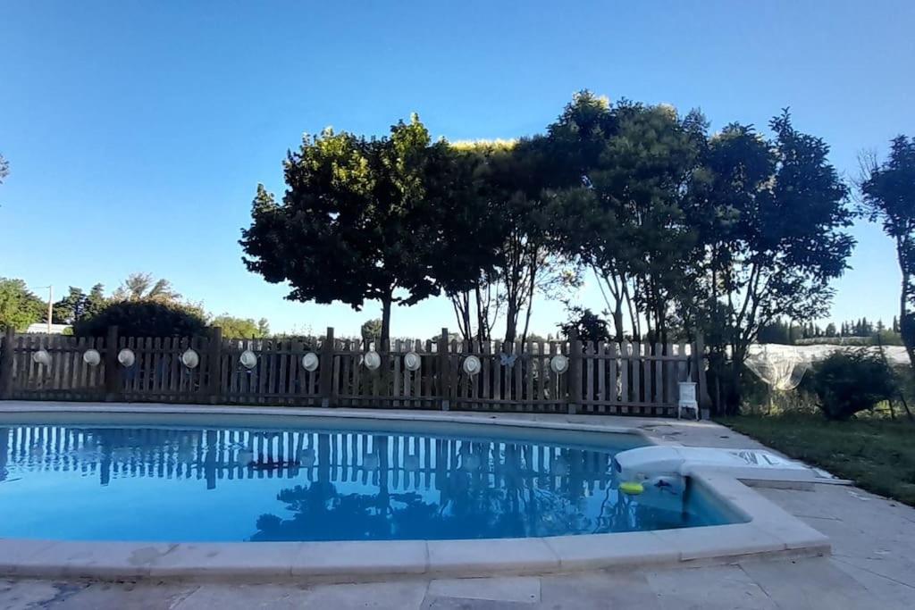 a swimming pool in a yard with a fence at Chambre d&#39;Hotes Lamanon, avec ou sans petit déjeuner - Domaine Les Peupliers - in Lagnes