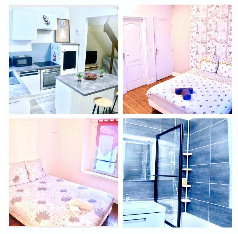 un collage de quatre photos d'une pièce dans l'établissement Family Home, à Sens