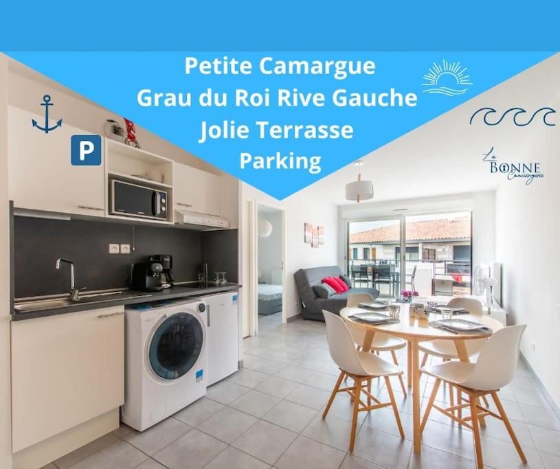 une cuisine et une salle à manger avec une table et des chaises dans l'établissement Fleur de sel * Terrasse* chambre * parking, au Grau-du-Roi