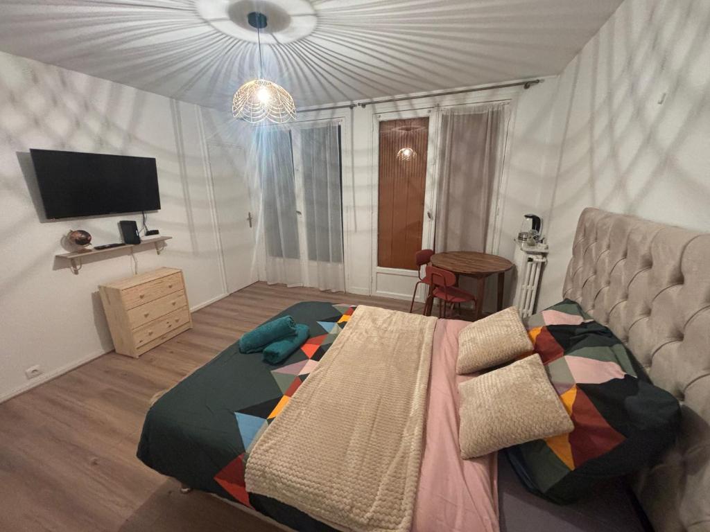 een slaapkamer met een bed en een flatscreen-tv bij Château 5 min avec balcon et un Stationnement gratuit in Versailles