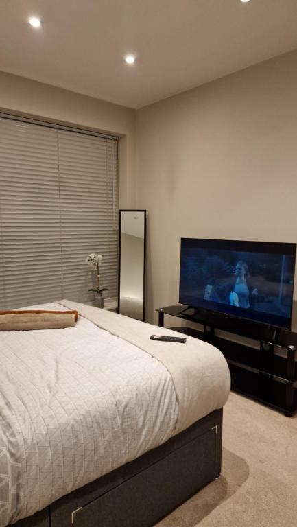 a bedroom with a large bed and a flat screen tv at London City Apartment One in Ealing