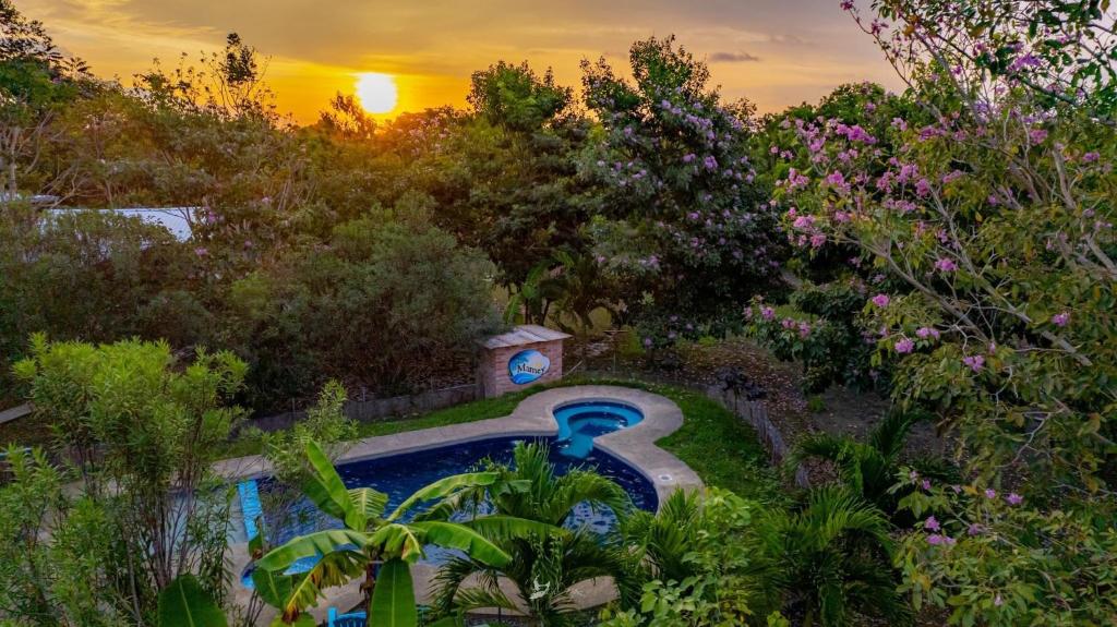 Río Verde的住宿－Quinta El Mamey，花园中种有树木和鲜花的游泳池