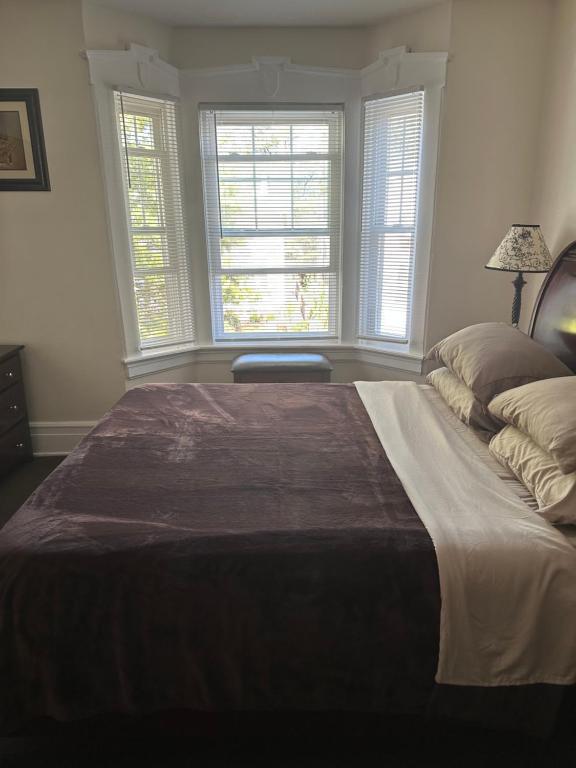 een slaapkamer met een groot bed en 2 ramen bij Victorian Palace- Mahogany Room in East Orange