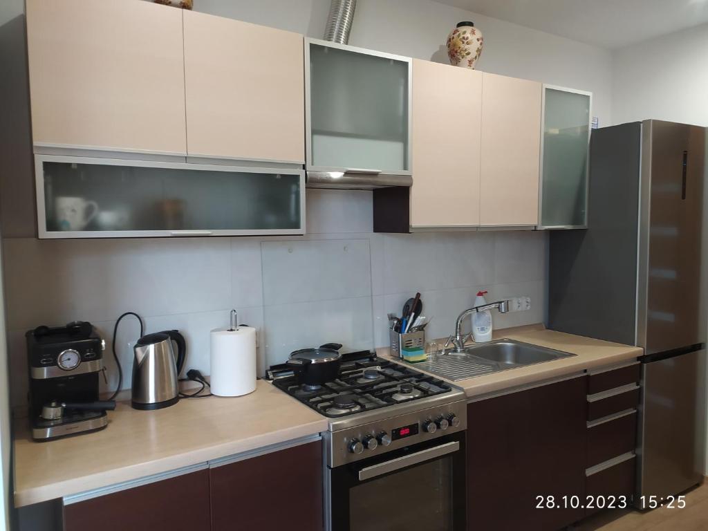 Kuchyň nebo kuchyňský kout v ubytování Dolistówka Apartamenty, pole namiotowe, balia z jacuzzi, ogród warzywny dla gości, plac zabaw dla dzieci