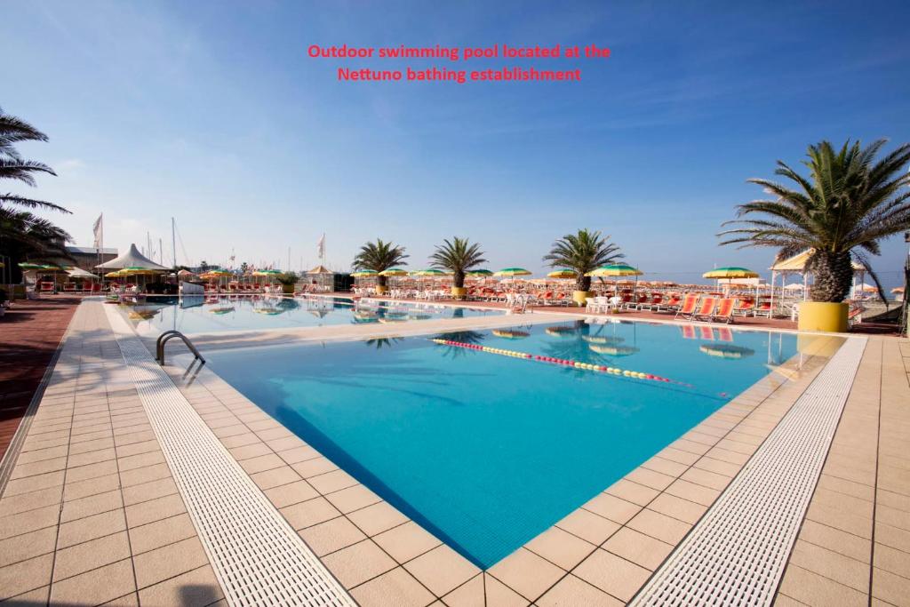 a swimming pool in a resort with palm trees and chairs at Elena House Apartments in Viareggio
