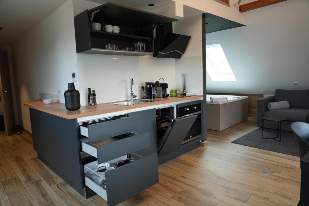 Kuchyň nebo kuchyňský kout v ubytování Gite Spa L'Atelier Emile - Spa Privatif - 5 min COLMAR