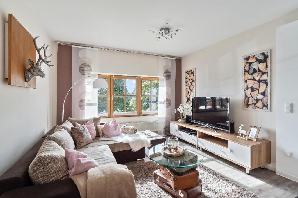 a living room with a couch and a tv at Ferienwohnung im Naturpark Steinwald in Erbendorf