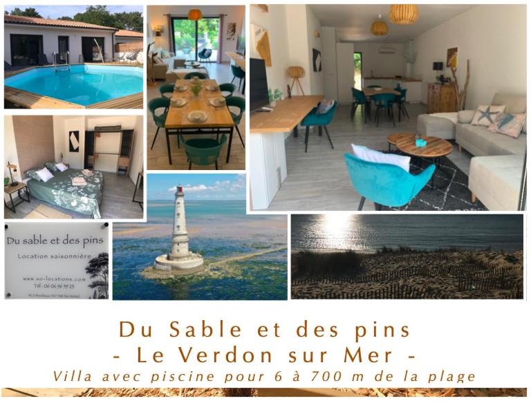 een collage van foto's van een woonkamer en een villa bij Du sable et des pins in Le Verdon-sur-Mer