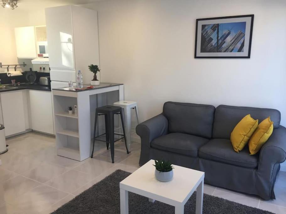 un salon avec un canapé et une table dans l'établissement New contemporary house, Orsay-Saclay near Paris and Versailles 35m2, à Orsay