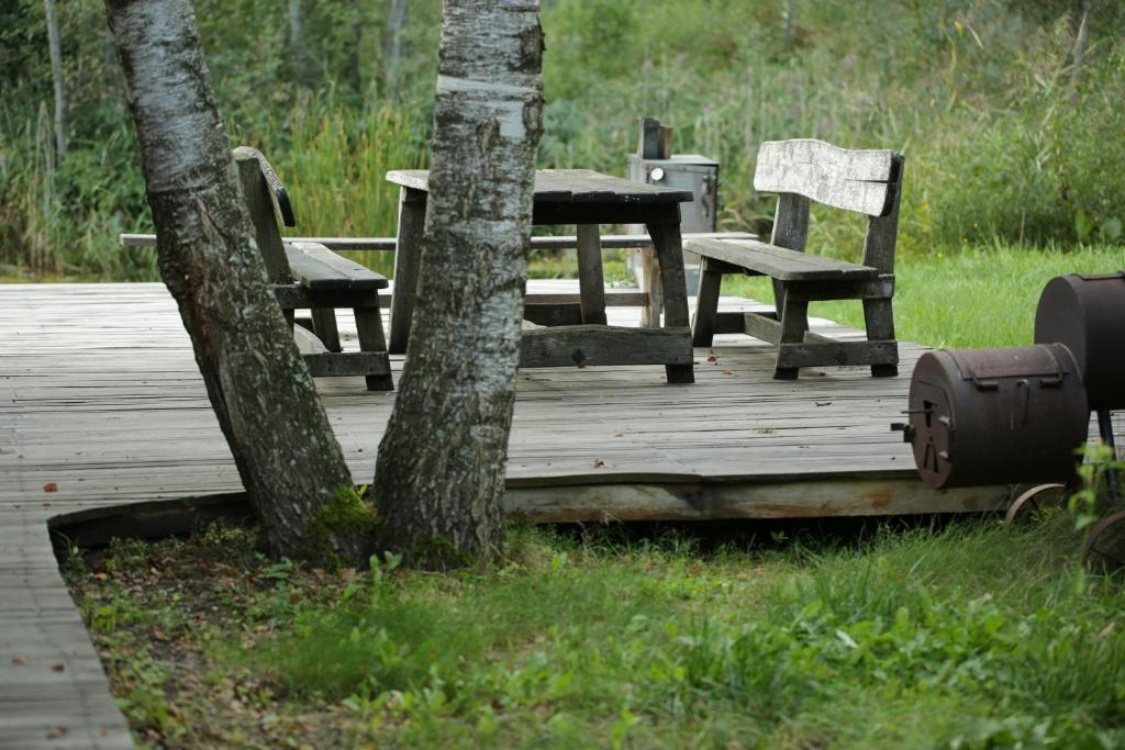 a wooden deck with two chairs and a table and a tree at Auksinio elnio dvaras in Telšiai