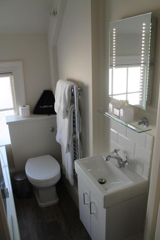 a white bathroom with a toilet and a sink at The Ship Inn in Rye