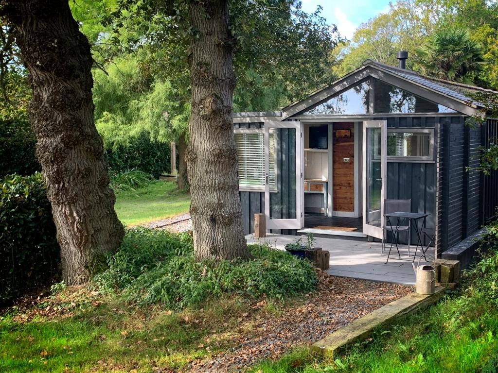 mały domek z werandą i dwoma drzewami w obiekcie Isle of Wight Cabin w mieście Newtown