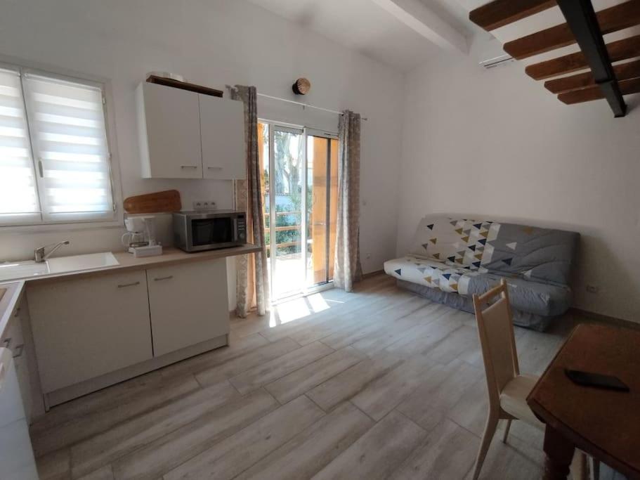 a kitchen and living room with a couch and a table at Studio en Petite Camargue in Le Cailar
