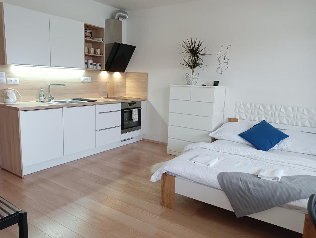 a white kitchen with a bed and a sink at Apartman Bystrc in Brno