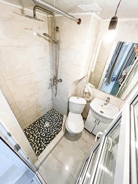 a bathroom with a shower and a toilet and a sink at CentralGreen Studio in Chişinău