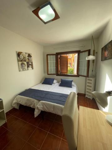 a bedroom with a bed with blue pillows and a window at Lourdes 1 casa compartida solo con la anfitriona in Breña Baja