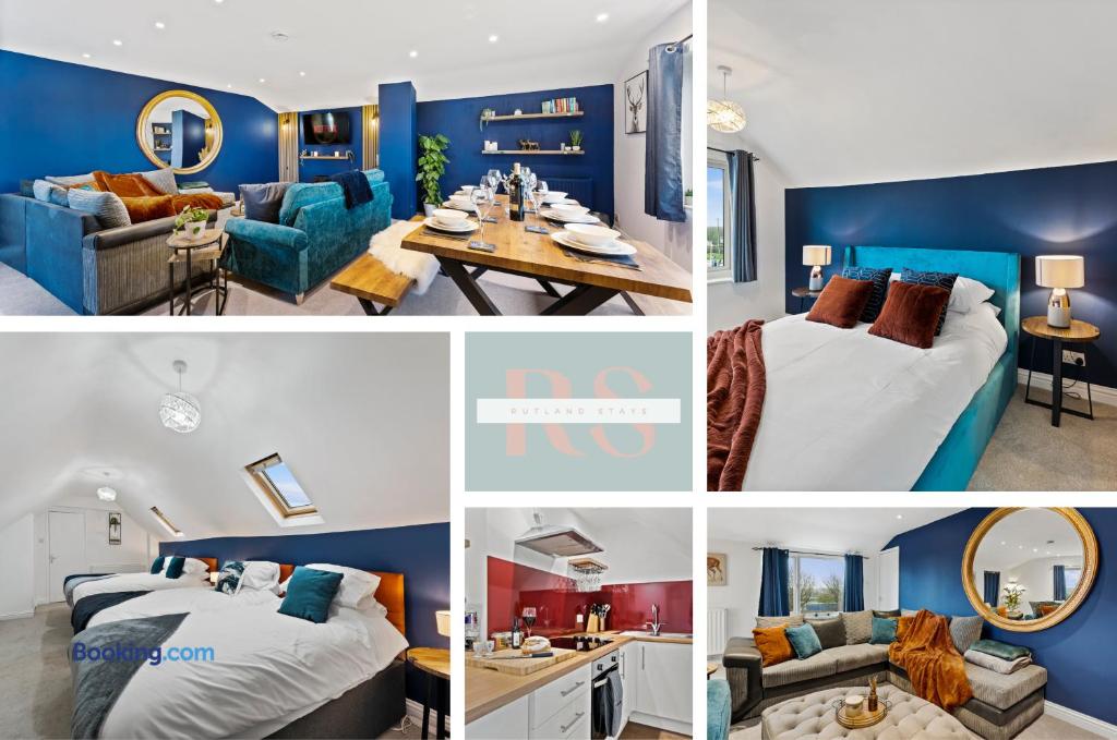 a collage of photos of a hotel room with blue walls at Two Bedroom Apartment By Rutland Stays Short Lets & Serviced Accommodation With Parking in Oakham